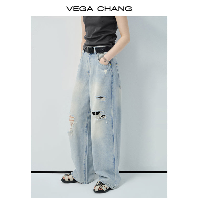 High-Waisted Distressed Straight Jeans