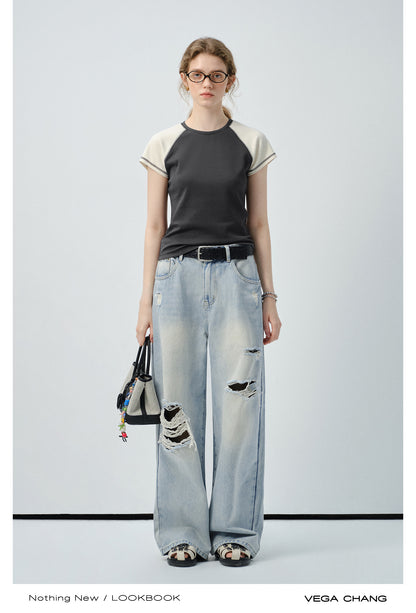 High-Waisted Distressed Straight Jeans