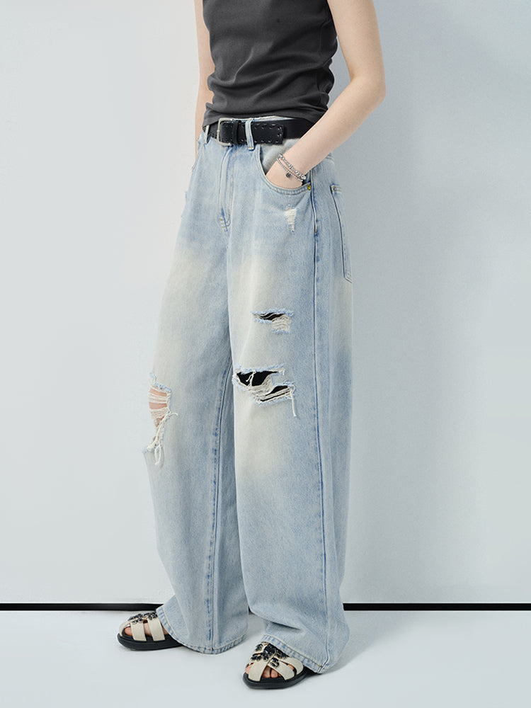 High-Waisted Distressed Straight Jeans