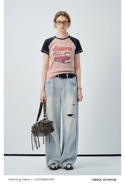 High-Waisted Distressed Straight Jeans