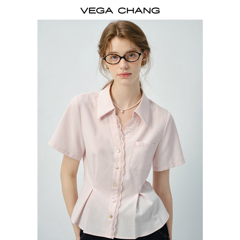 Lace Trimmed Waist-Fitted Shirt