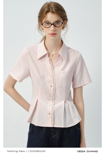 Lace Trimmed Waist-Fitted Shirt