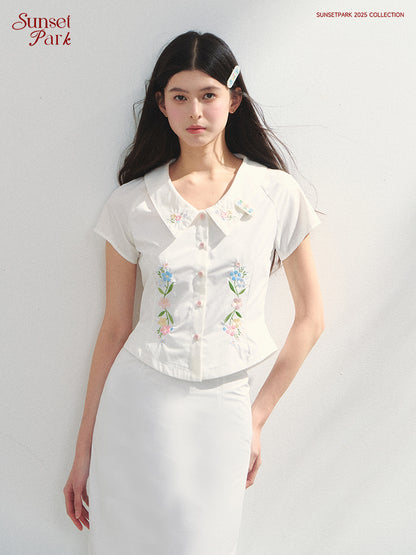 Floral Embroidered Fitted Blouse & Skirt In Pure Cotton
