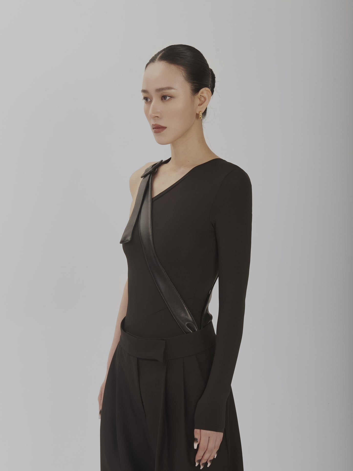 One Shoulder Fitted Top With Faux Leather Belt