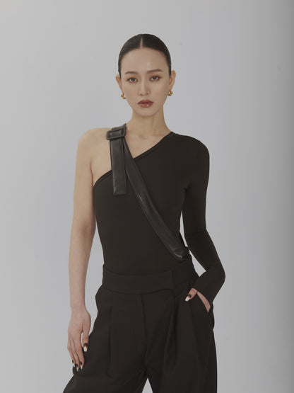 One Shoulder Fitted Top With Faux Leather Belt
