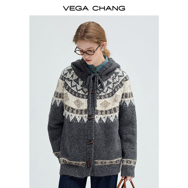 Nordic Style Fair Isle Hooded Toggle Cardigan