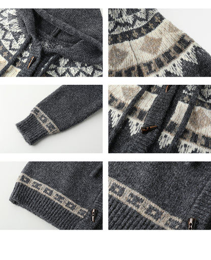 Nordic Style Fair Isle Hooded Toggle Cardigan