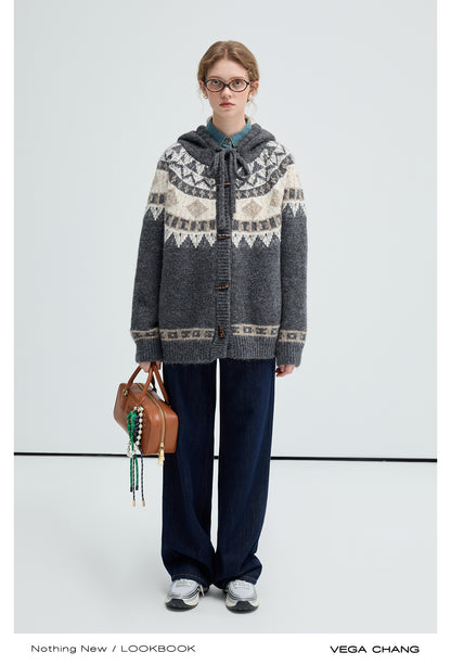 Nordic Style Fair Isle Hooded Toggle Cardigan