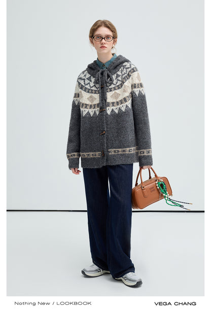 Nordic Style Fair Isle Hooded Toggle Cardigan