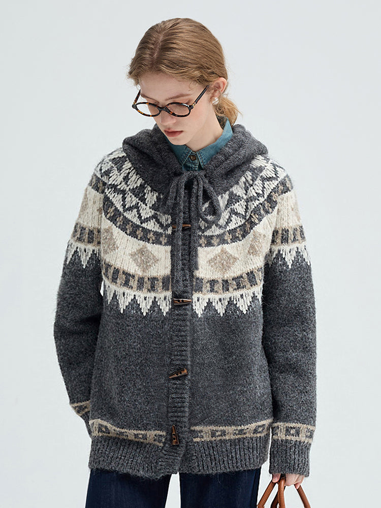 Nordic Style Fair Isle Hooded Toggle Cardigan