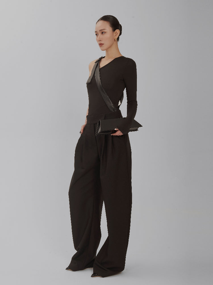 Floor-Length Curved Pintuck Trousers