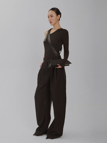 Floor-Length Curved Pintuck Trousers
