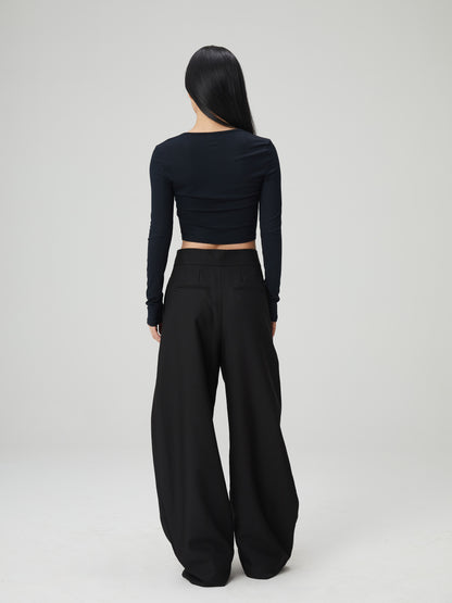 Floor-Length Curved Pintuck Trousers