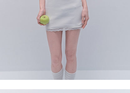 Basic Lace-Trimmed Henley Neck Ribbed Mini Dress