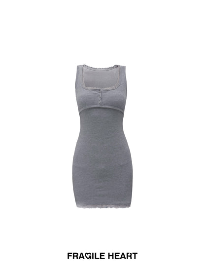 Basic Lace-Trimmed Henley Neck Ribbed Mini Dress