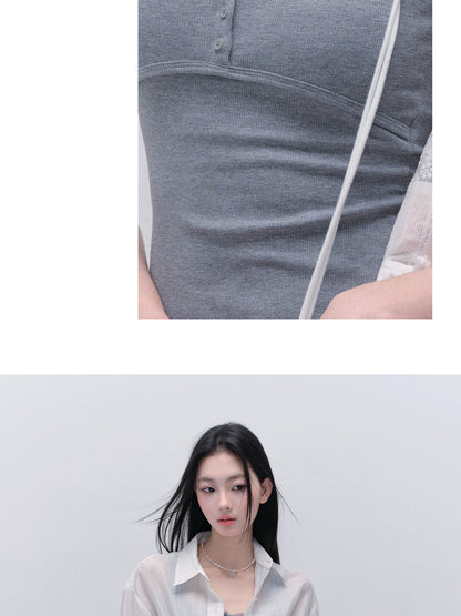 Basic Lace-Trimmed Henley Neck Ribbed Mini Dress
