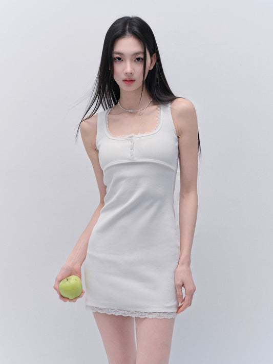 Basic Lace-Trimmed Henley Neck Ribbed Mini Dress