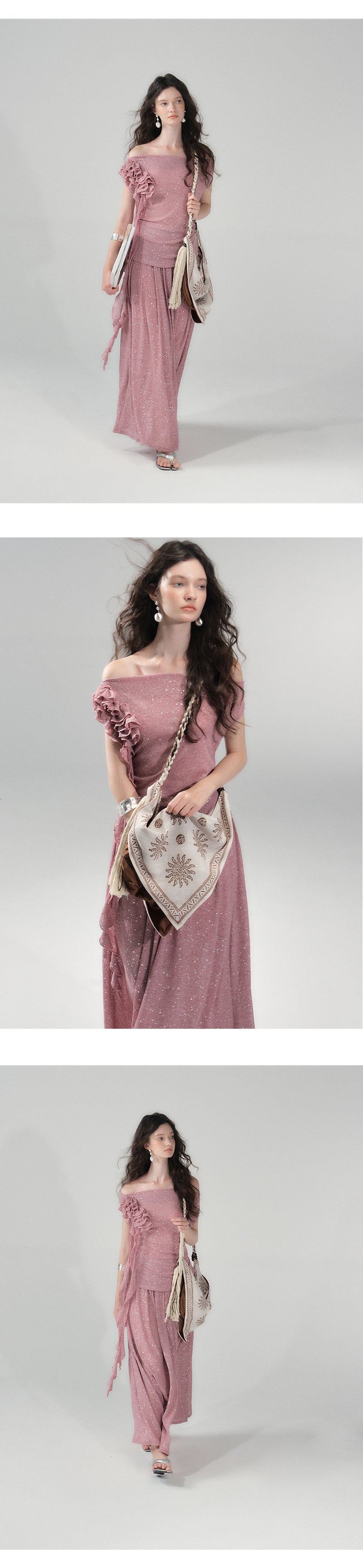Sparkle Ruffle Bardot Top & Maxi Skirt