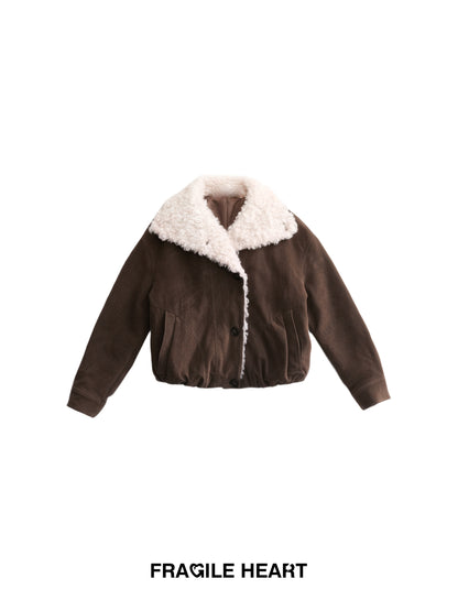 Faux Suede Jacket With Fur Lapel