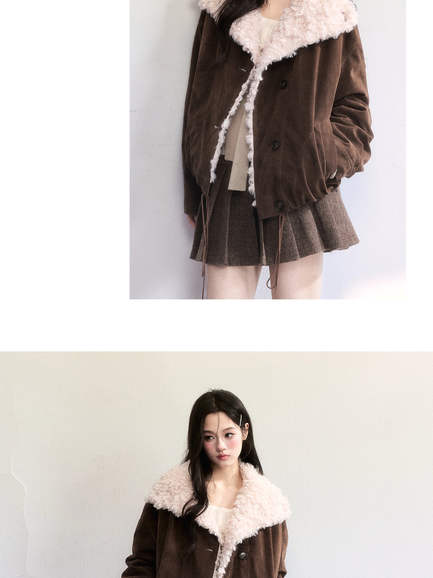 Faux Suede Jacket With Fur Lapel
