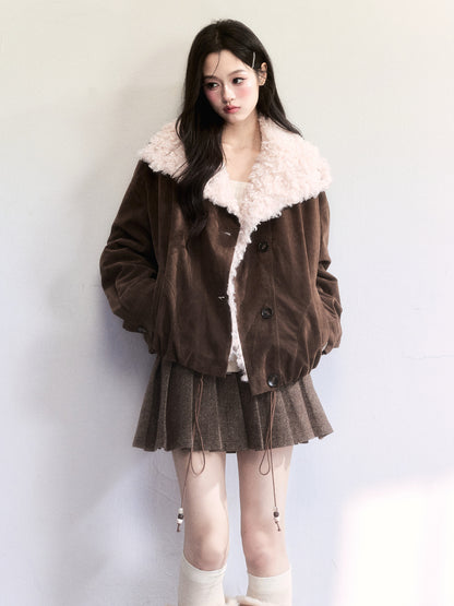 Faux Suede Jacket With Fur Lapel