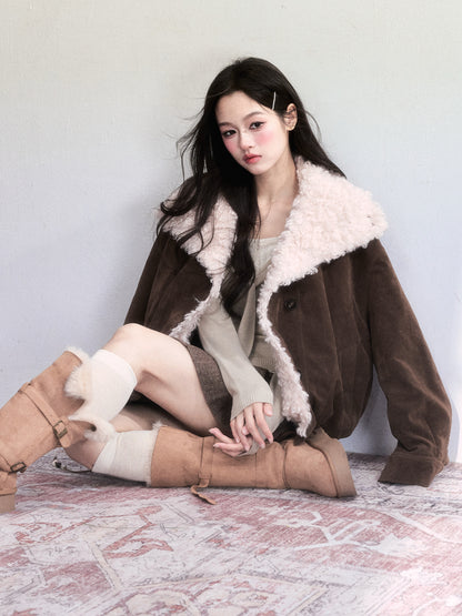 Faux Suede Jacket With Fur Lapel