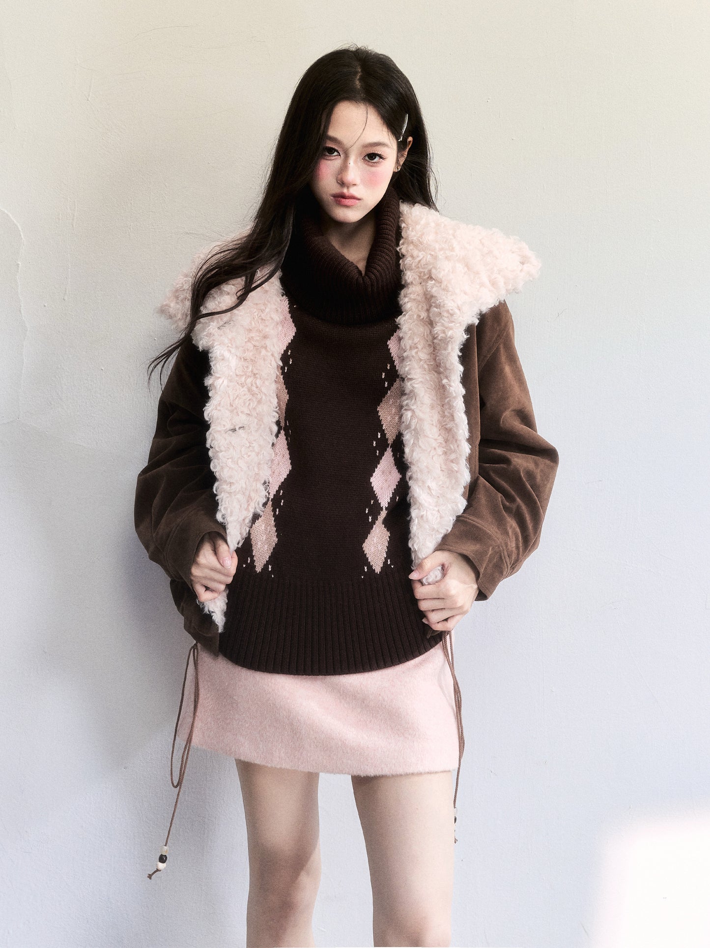 Faux Suede Jacket With Fur Lapel