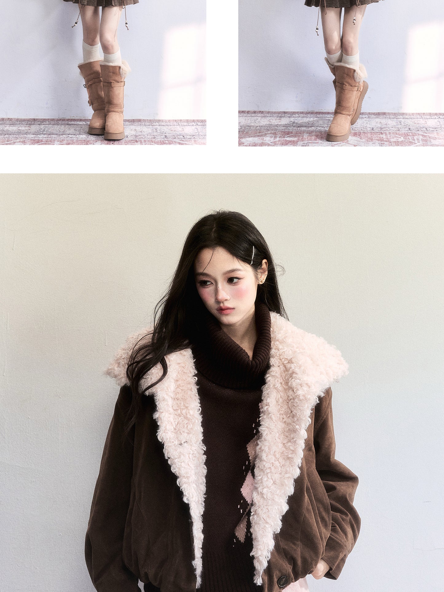 Faux Suede Jacket With Fur Lapel