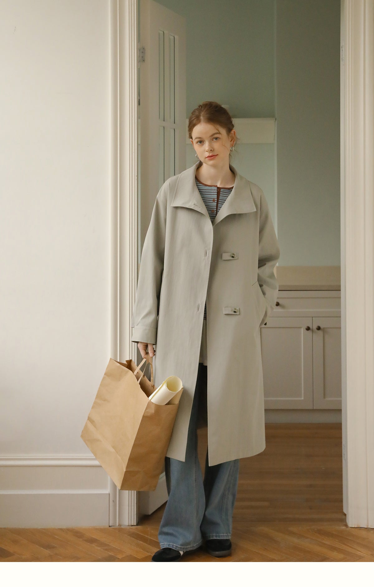 Stand-Collar Minimal Belted Coat