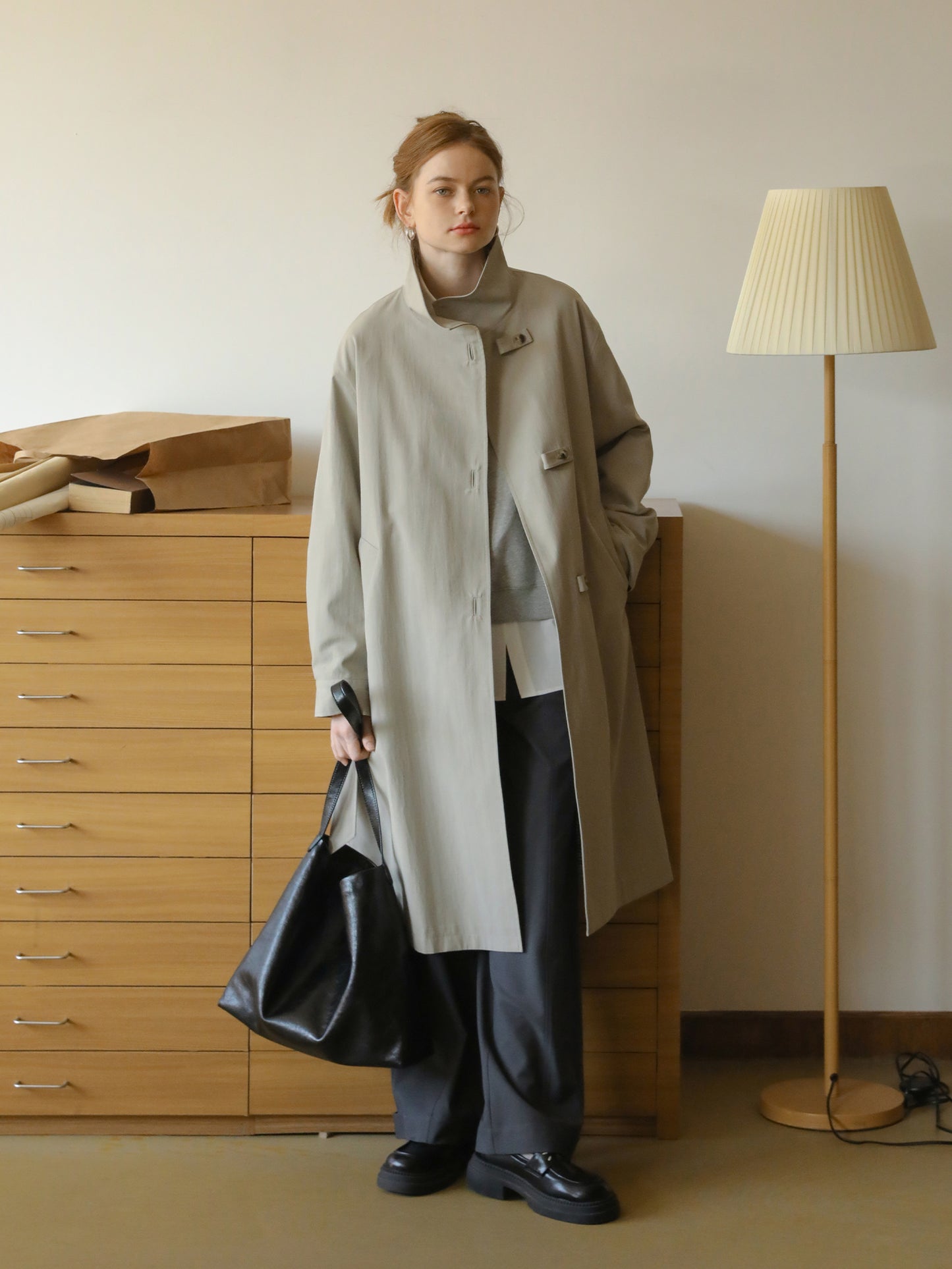 Stand-Collar Minimal Belted Coat
