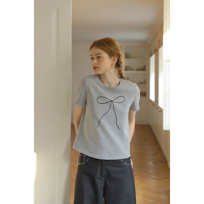 Skinny Ribbon Bow Embroidered Heavyweight T-Shirt