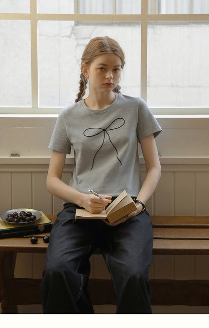 Skinny Ribbon Bow Embroidered Heavyweight T-Shirt