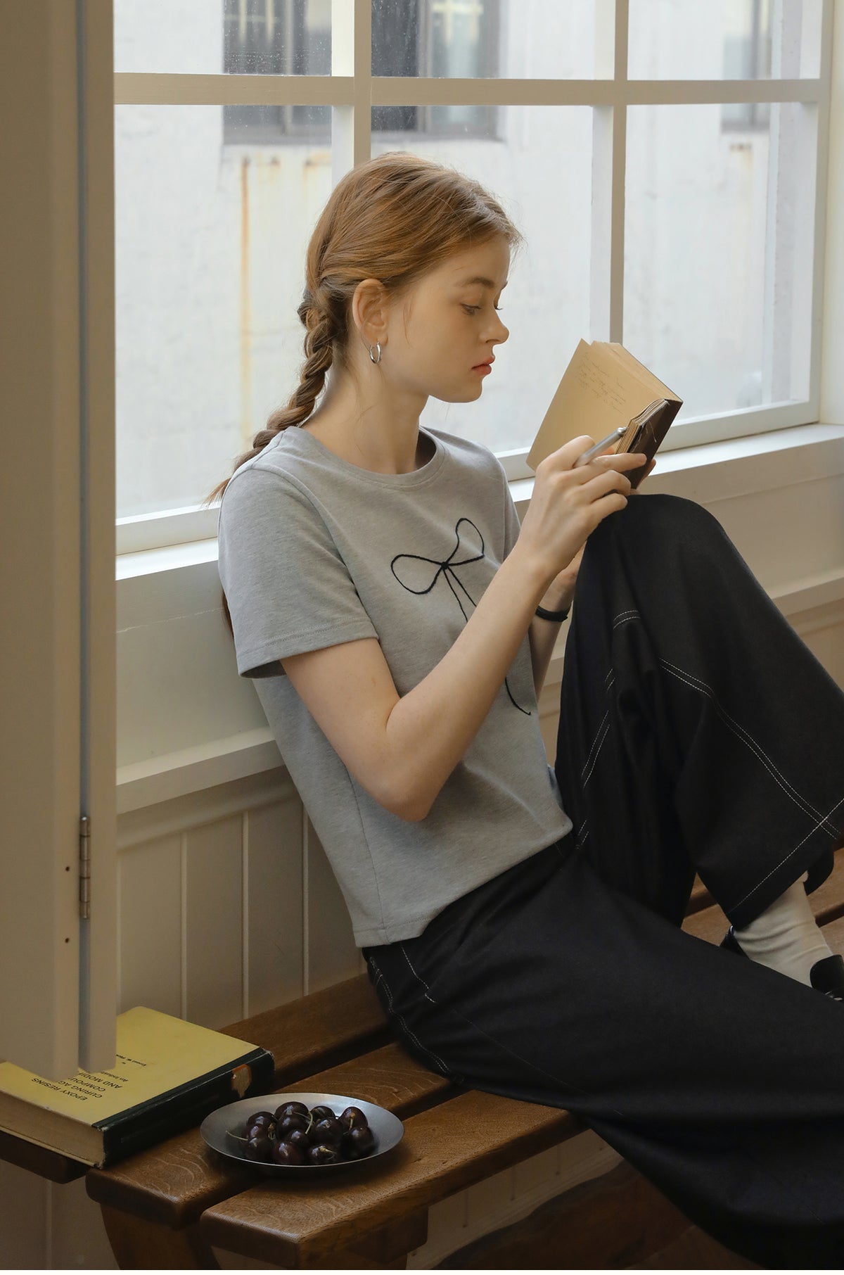Skinny Ribbon Bow Embroidered Heavyweight T-Shirt