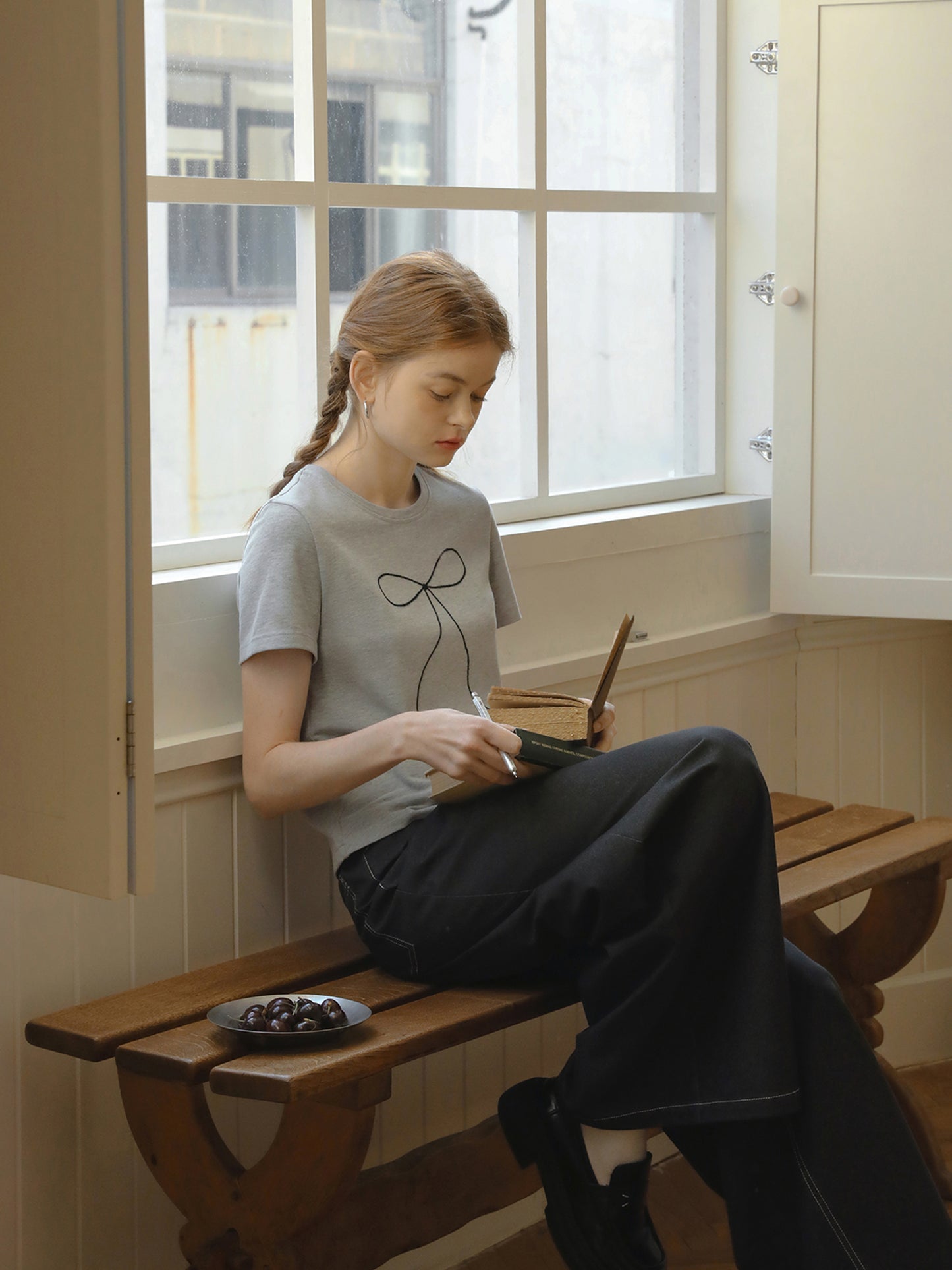 Skinny Ribbon Bow Embroidered Heavyweight T-Shirt