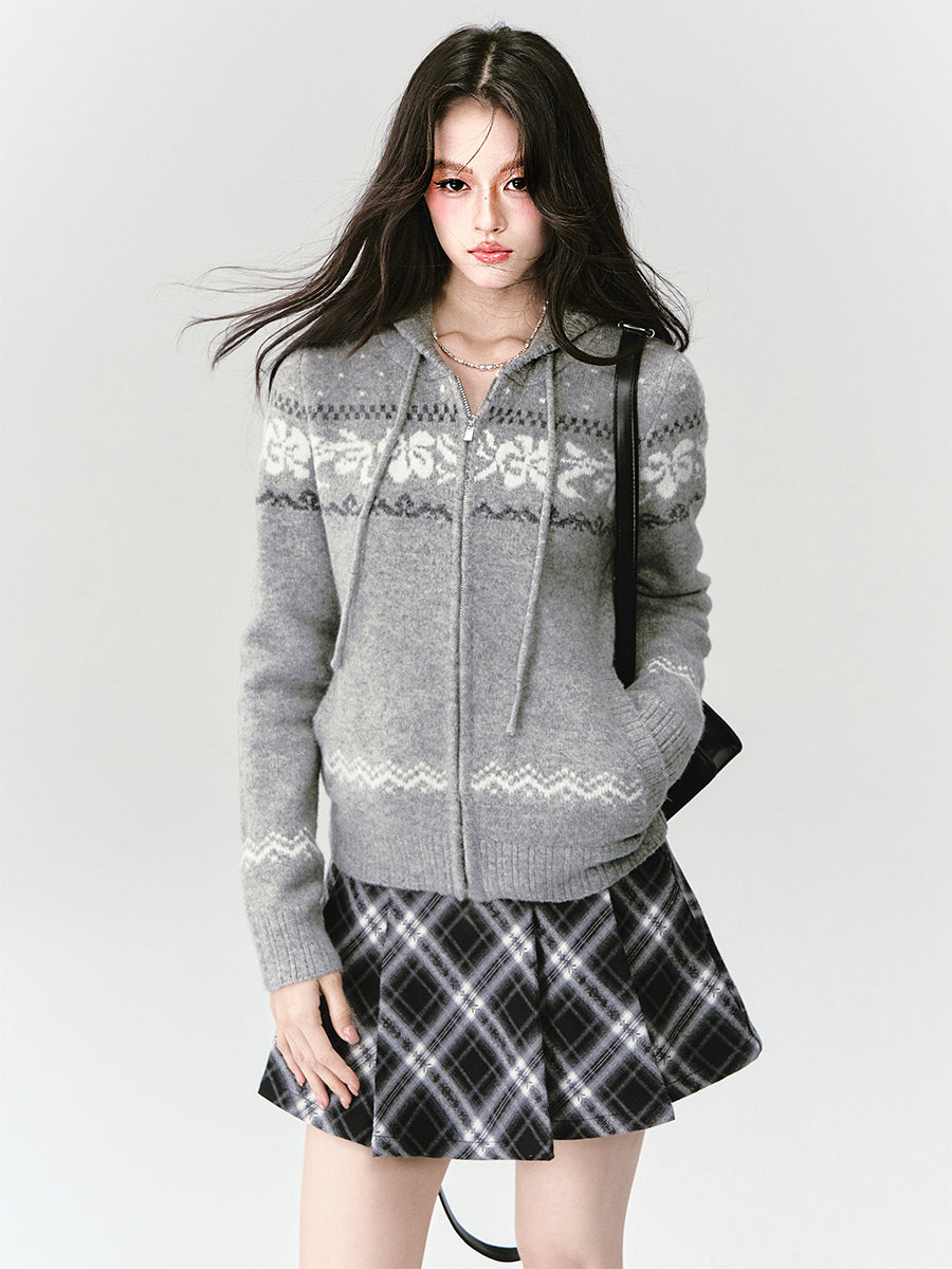 Zip-Up Hooded Fair Isle Knit Top