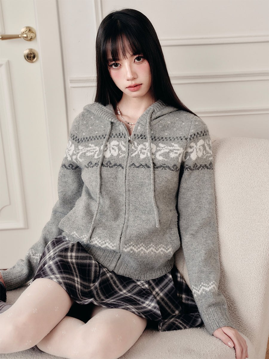 Zip-Up Hooded Fair Isle Knit Top