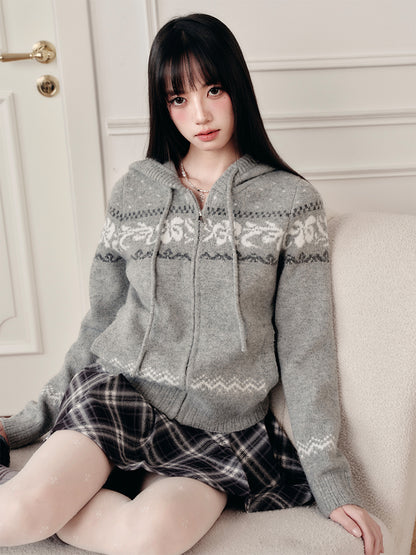 Zip-Up Hooded Fair Isle Knit Top