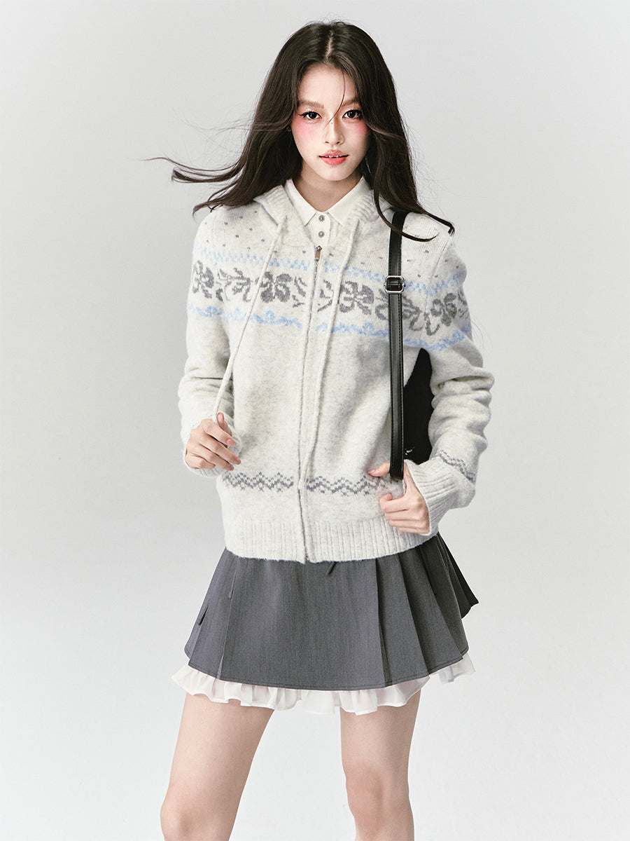 Zip-Up Hooded Fair Isle Knit Top