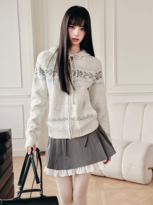 Zip-Up Hooded Fair Isle Knit Top