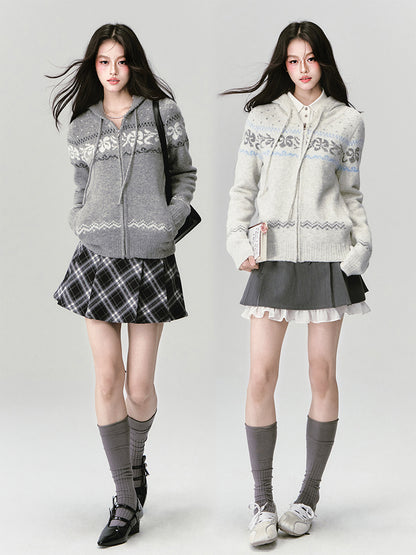 Zip-Up Hooded Fair Isle Knit Top