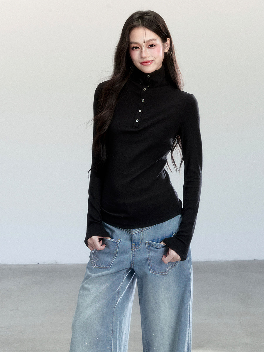 High Neck Slim Fit Top With Half-Button Placket