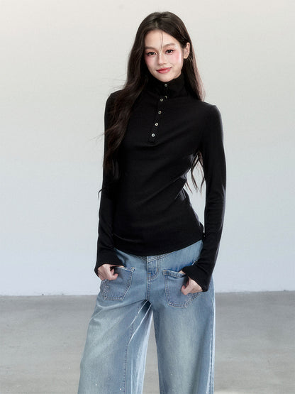 High Neck Slim Fit Top With Half-Button Placket