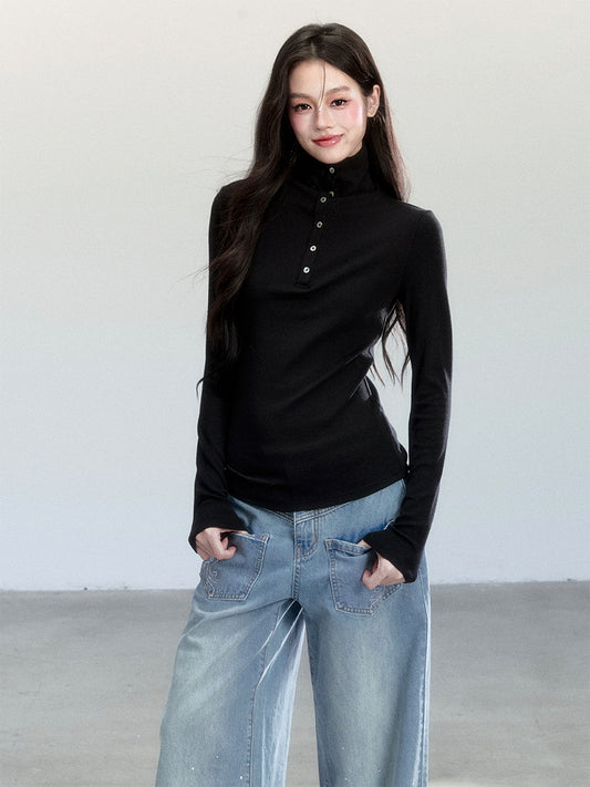 High Neck Slim Fit Top With Half-Button Placket