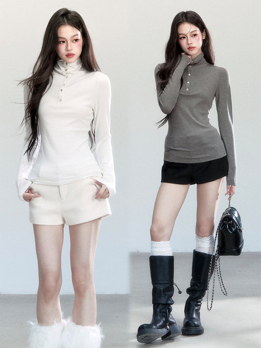 High Neck Slim Fit Top With Half-Button Placket