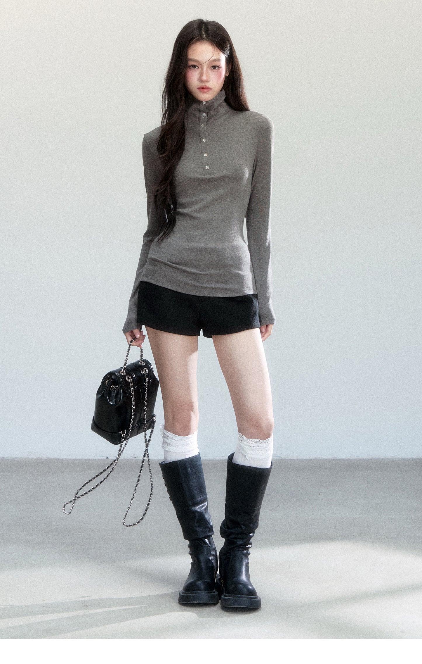 High Neck Slim Fit Top With Half-Button Placket