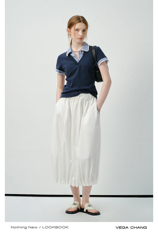 Layered-Look Gingham Collar Ribbed Top