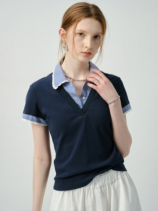 Layered-Look Gingham Collar Ribbed Top