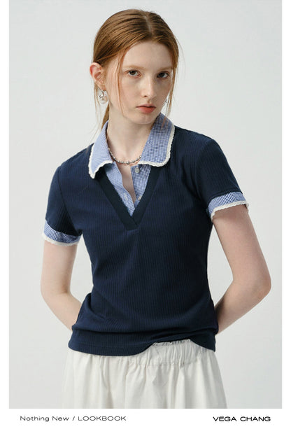 Layered-Look Gingham Collar Ribbed Top