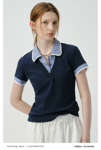Layered-Look Gingham Collar Ribbed Top