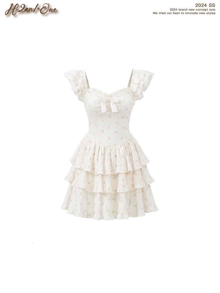 Floral Corset Tiered Dress With Butterfly Sleeves
